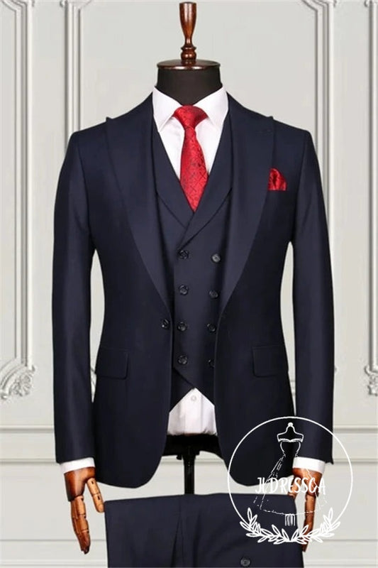 Bespoke Dark Blue Formal Peaked Lapel Three Pieces Men Suits, SU25123