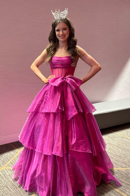Fuchsia Ball Gown Organza Prom Dress with Bow, PD25590