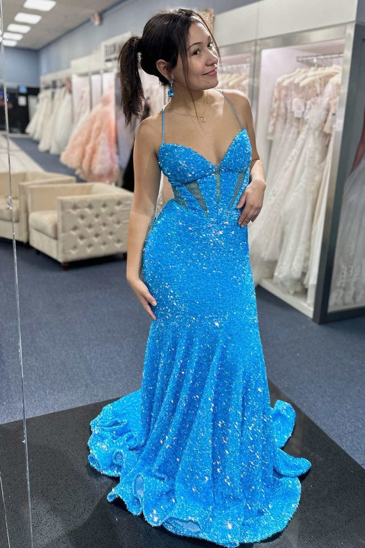 chinese dress ladies Stunning Blue Sequin Mermaid Long Lace-Up Prom Dress