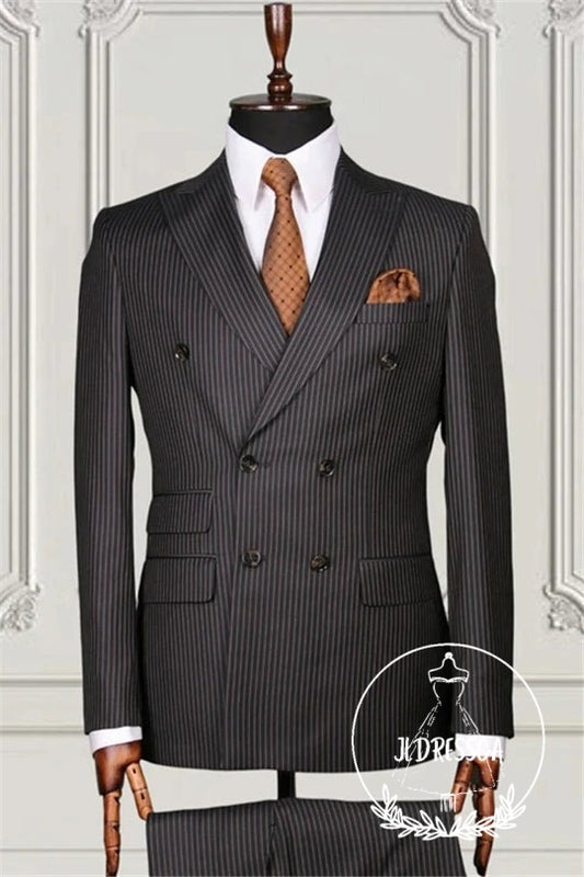 Trendy Dark Gray Striped Bespoke Double Breasted Men Suits, SU25121
