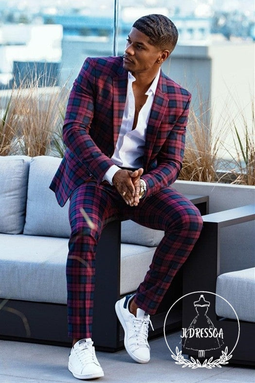 Plaid Slim Fit Bespoke Prom Men's Suit, SU25051