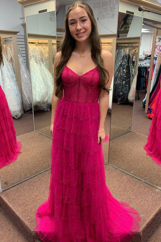 Fuchsia Spaghetti Straps Beaded Layers Long Prom Dress, PD25691