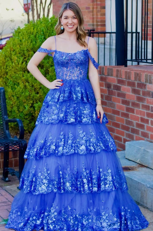 Tulle Sequin Ruffle Cold - Shoulder Tiered Long Prom Dress, PD25651