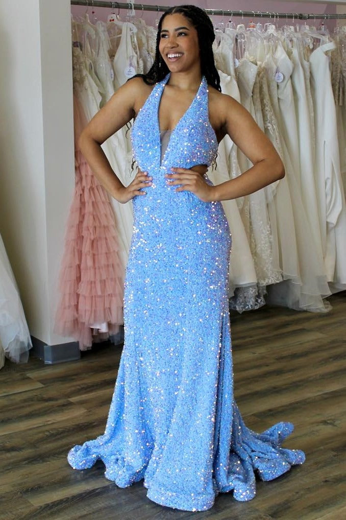 Blue Halter Iridescent Sequin Trumpet Long Prom Dress | JLDressCA