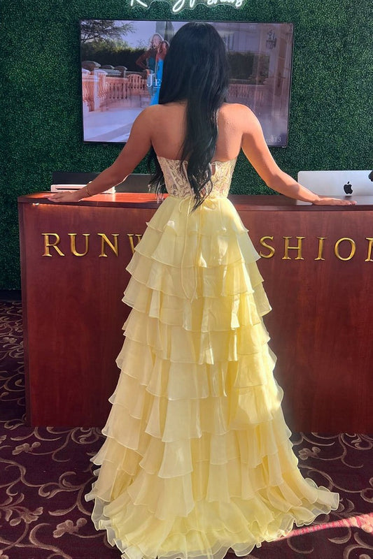 Sweetheart A Line Daffodial Tiered Chiffon Long Prom Dresses, PD25052