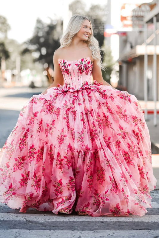 Pink A - Line Strapless Tiered Floral Chiffon Prom Dress with Bow, PD25570