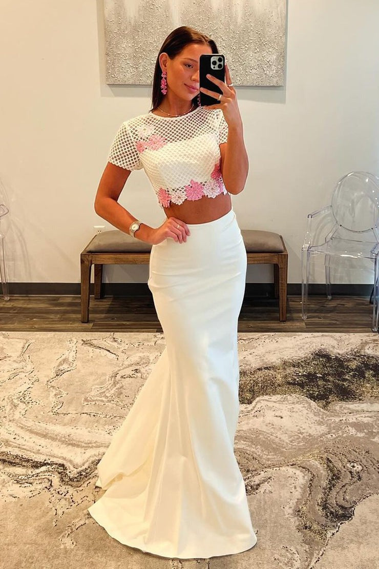 Elegant White Lace Two-Piece Prom Dress | Long Sleeves | JLDressCA Elegant White Lace Two-Piece Prom Dress | Long Sleeves | JLDressCA