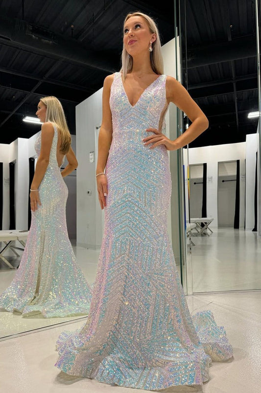 White Sequins Mermaid V Neck Long Prom Dress, PD25274