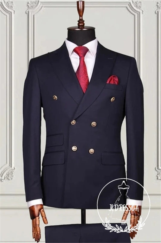 Navy Blue Double Breasted Peaked Lapel Men Suits, SU25074