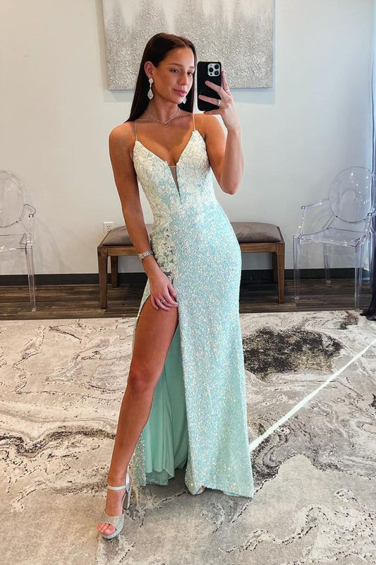Sequins Mermaid V Neck Long Prom Dress with Appliques, PD25362