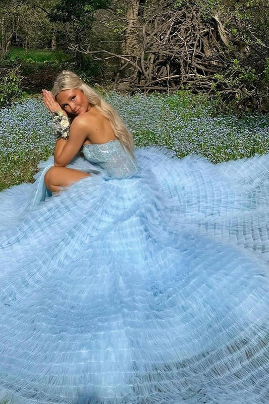 Strapless Light Blue Ruffle Tiered Tulle Prom Dress with Appliques, PD25135