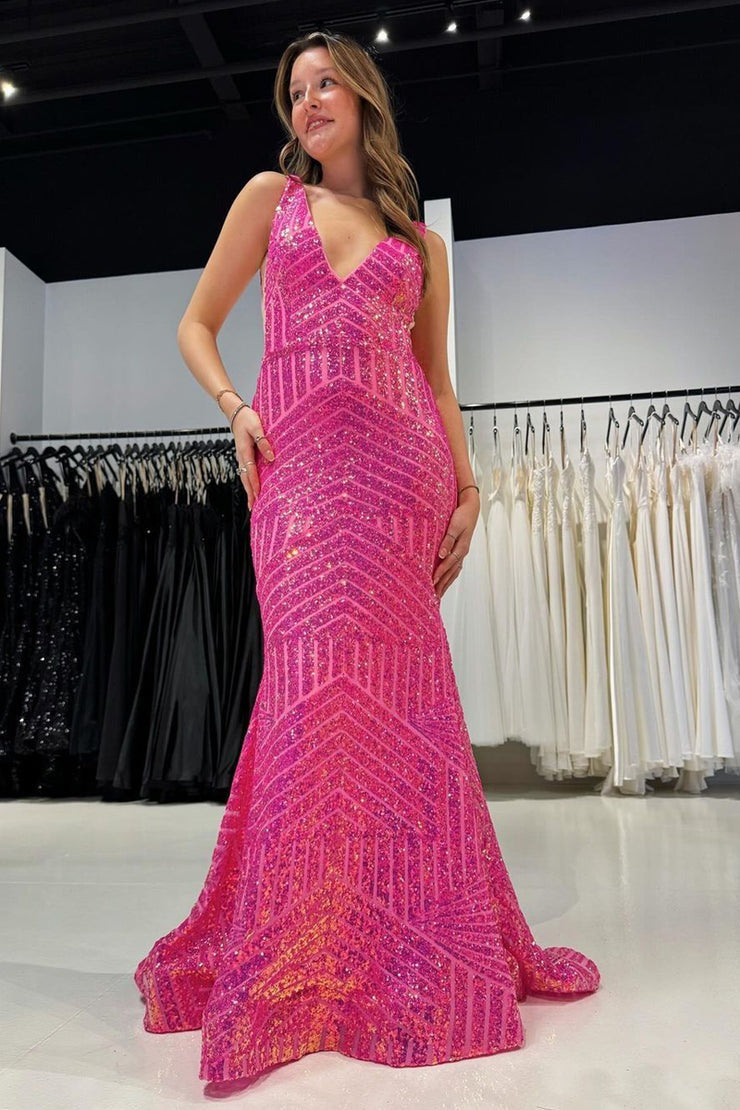 Elegant Pink Sequin Mermaid V-Neck Long Prom Dress