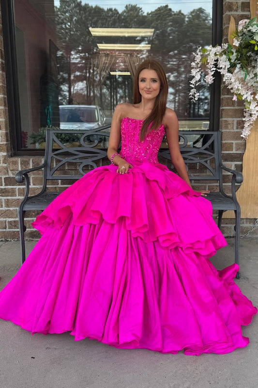 Fuchsia Strapless A Line Satin Prom Dress with Beading, PD25808