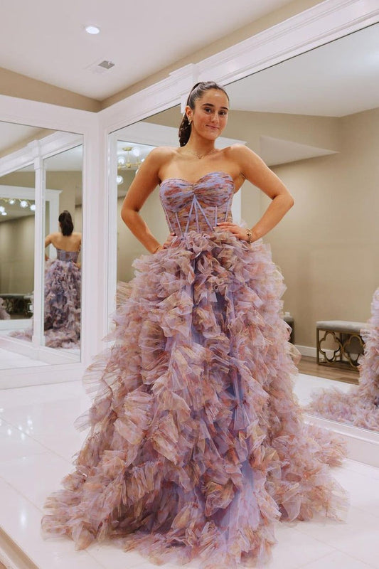 Floral Printed Tulle Long Prom Dress with Ruffle Tiered, PD25307