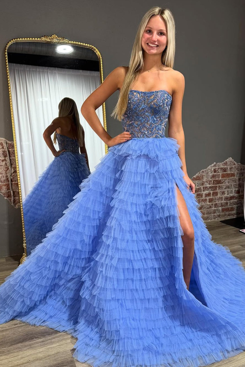 Blue Strapless Ball Gown | Beaded Tiered Tulle Prom Dress | JLDressCA Blue Strapless Ball Gown | Beaded Tiered Tulle Prom Dress | JLDressCA