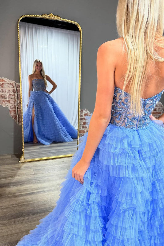 Blue Strapless Ball Gown Tiered Tulle Prom Dress with Beading, PD25809