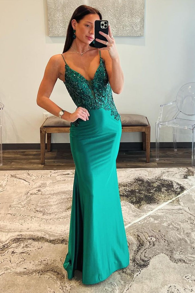 Dark Green V-Neck Satin Beaded Long Prom Dress | Elegant Gowns