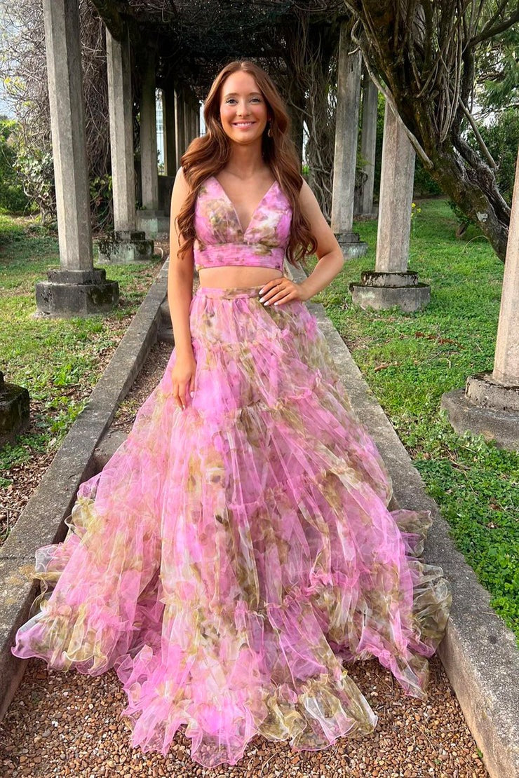 Two-Piece V-Neck Floral Printed Long Prom Dress