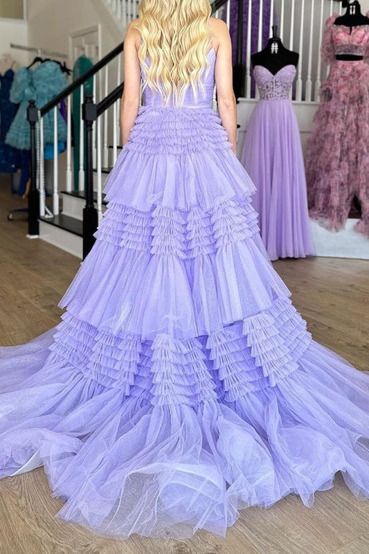 Lavender A Line Spaghetti Straps Long Prom Dress with Ruffles, PD25672
