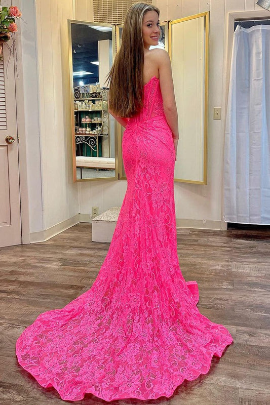 Fuchsia Mermaid Strapless Lace Long Prom Dresses with Slit, PD25502