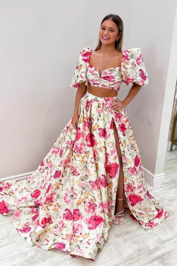 Two-Piece Floral Printed Satin Long Prom Dress with Slit