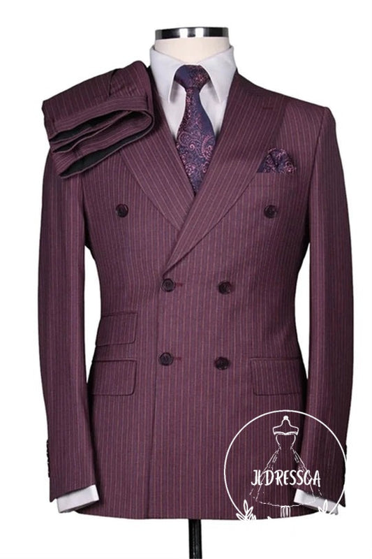 Burgundy Double Breasted Striped Men Suits, SU25186