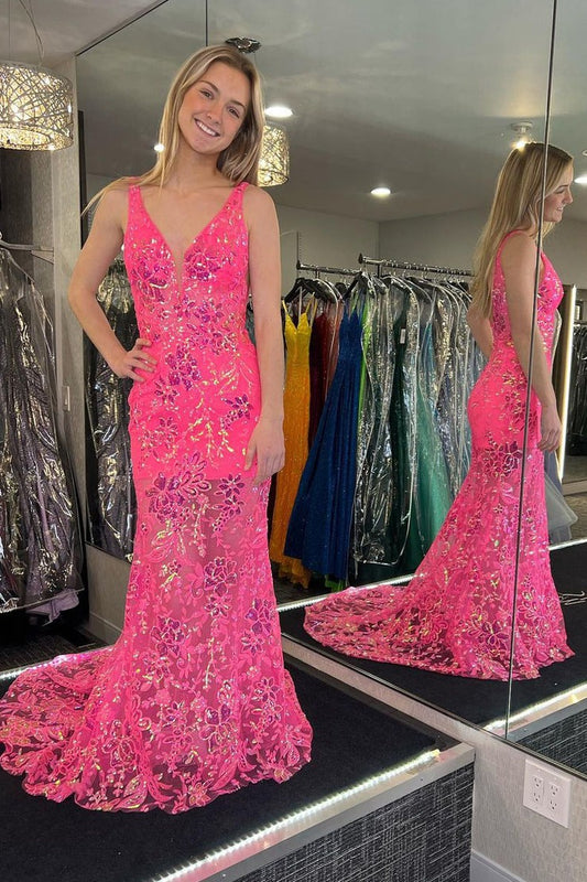 Hot Pink Mermaid V Neck Sequin Lace Long Prom Dresses, PD25582