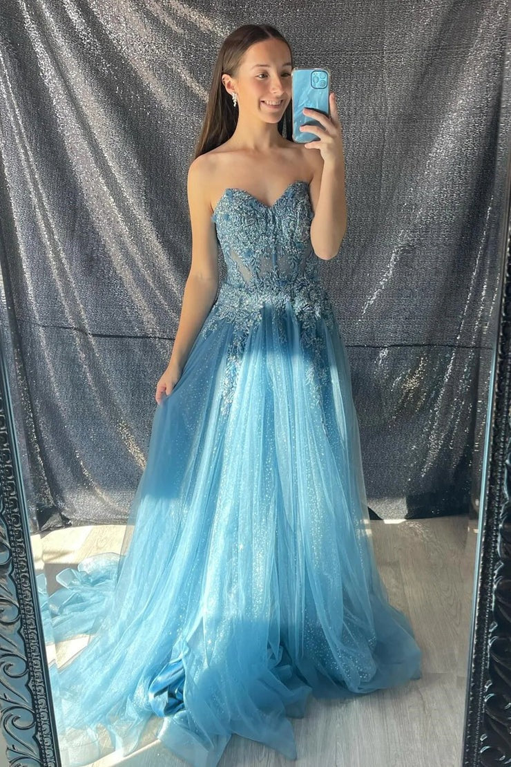 Aqua Strapless A-Line Floral Applique Long Prom Dress | JLDressCA Aqua Strapless A-Line Floral Applique Long Prom Dress | JLDressCA