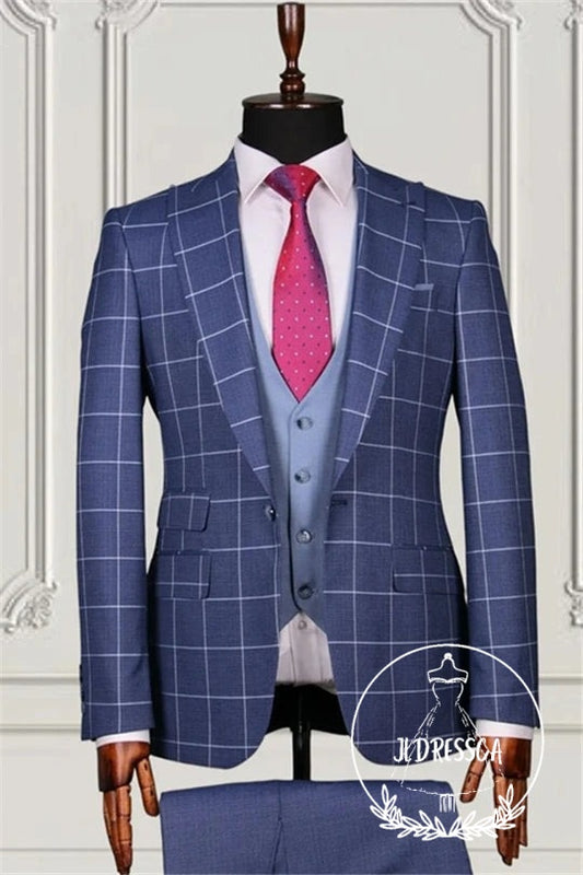 Ocean Blue Three Pieces Plaid Peaked Lapel Men Suits, SU25116