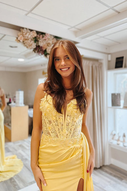 Yellow Sweetheart Sheath Satin Prom Dress with Slit, PD25793