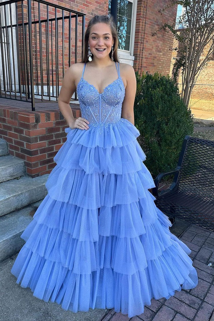 Blue Sweetheart Long Tiered Tulle Prom Dress with Appliques