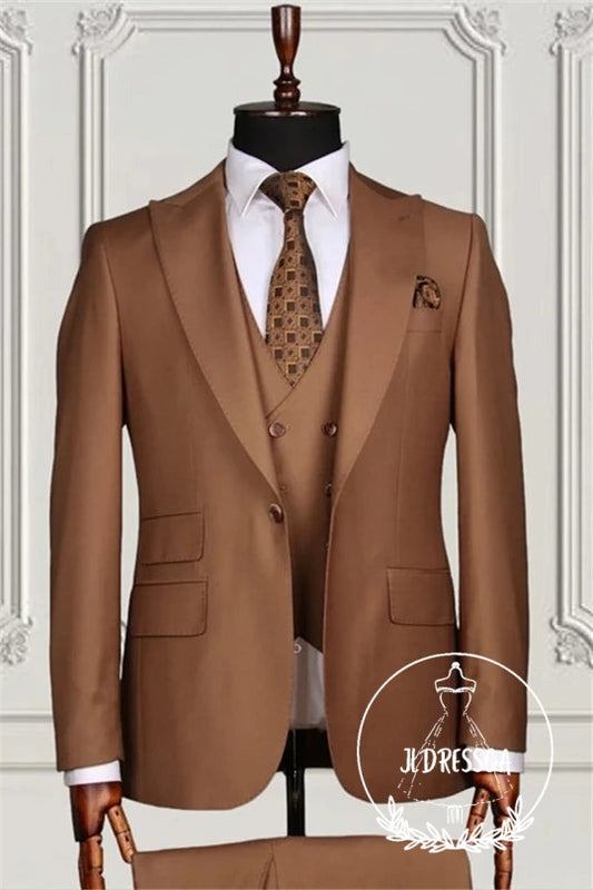 Formal Brown Three Pieces Peaked Lapel Men Suits, SU25076