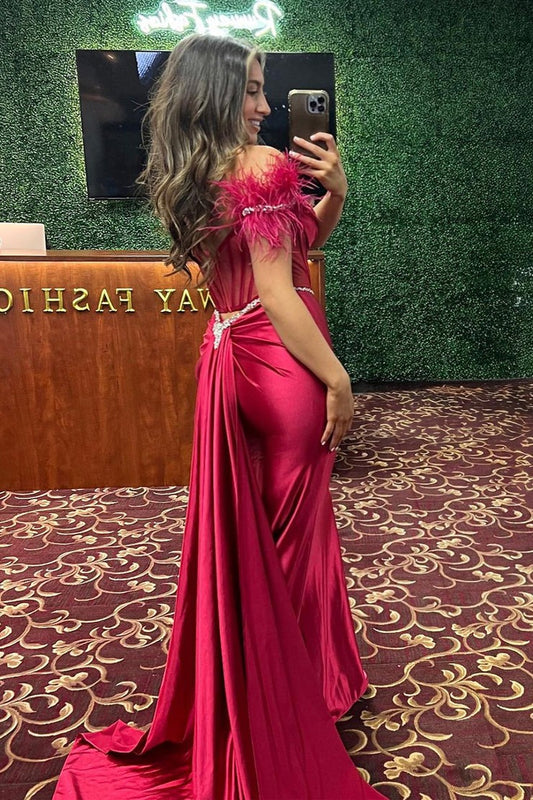 Dark Red Off-the-Shoulder Satin Long Prom Dress with Feather, PD25562