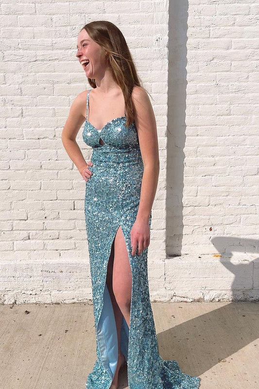 Blue Sequins Sweetheart Keyhole Mermaid Long Prom Dress with Slit, PD25237