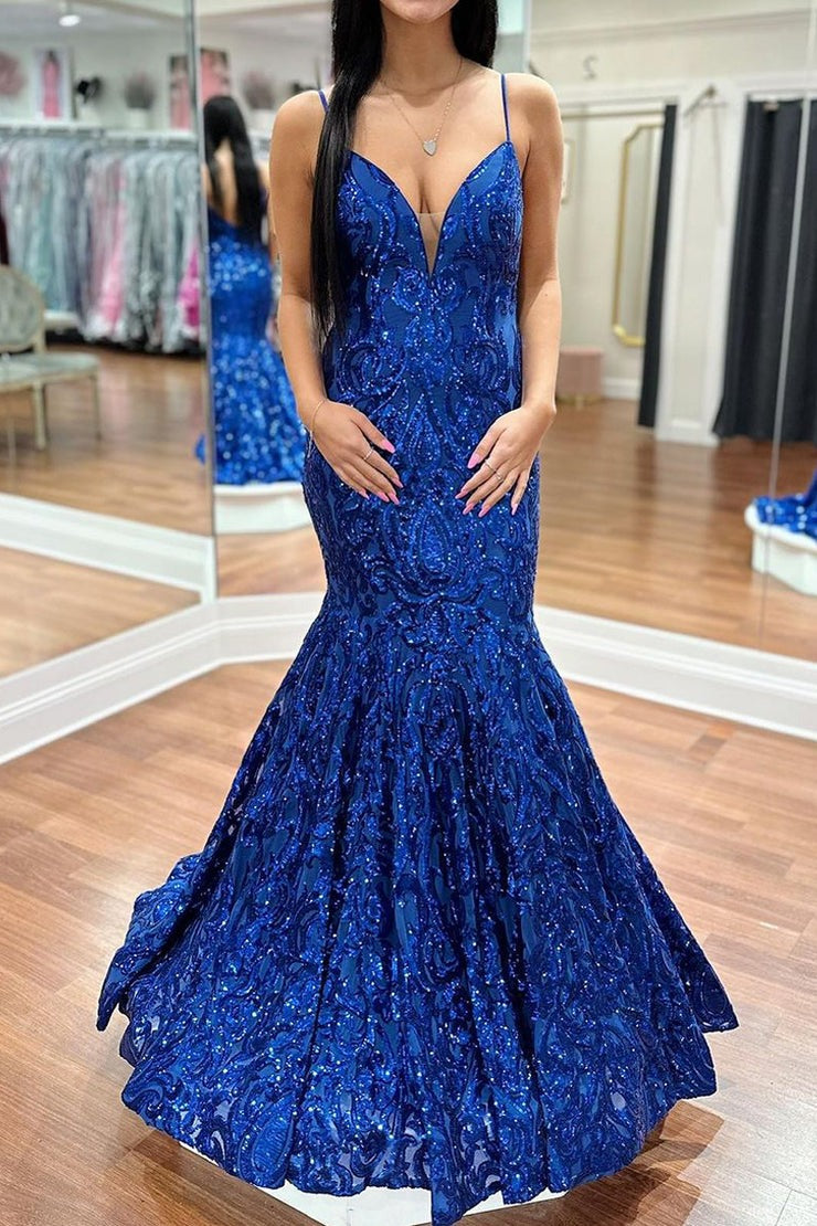Eclipse Gown - Royal Blue - V-Neck Sequin Dress