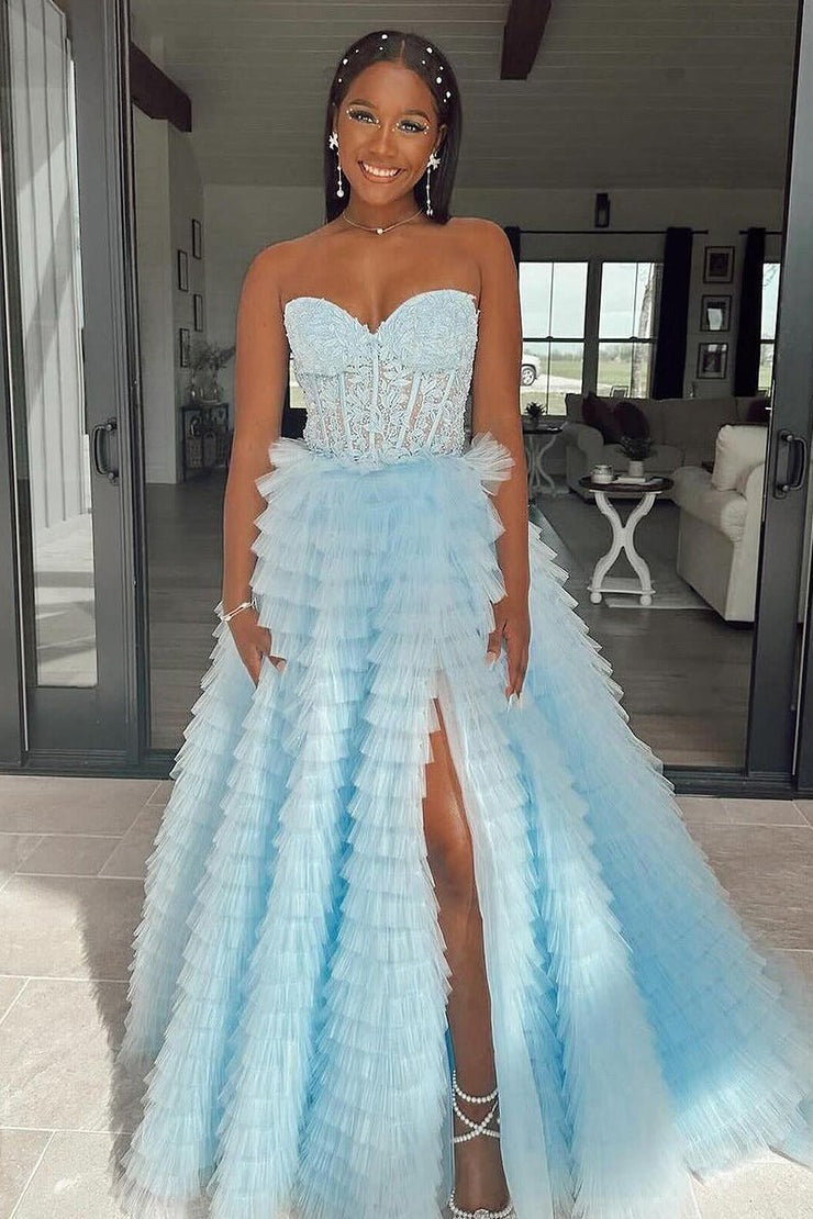 A-Line/Princess Strapless Asymmetrical Tulle Prom Dresses with High Split & Ruffles main image 1