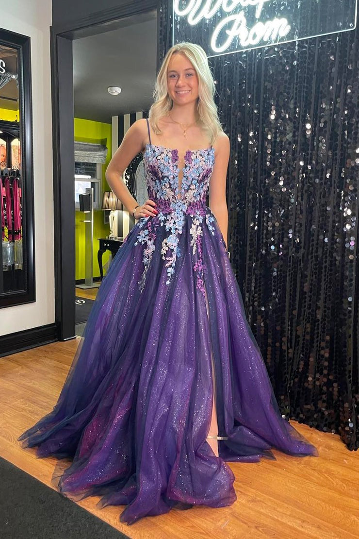 Elegant Purple Tulle Long Prom Dress with Spaghetti Straps and Appliques