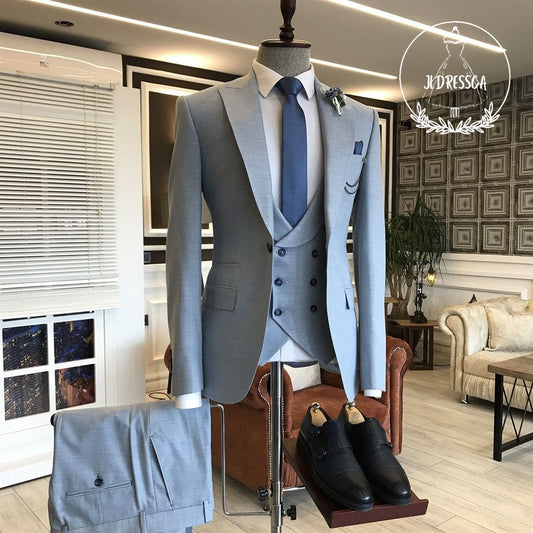 Classy Blue 3-Pieces Double Breasted Waistcoat Slim Fit Business Suits For Men, SU25046