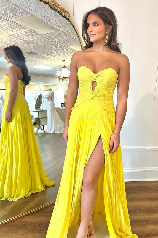 Yellow A-Line Sweetheart Long Prom Dress with Slit, PD25453
