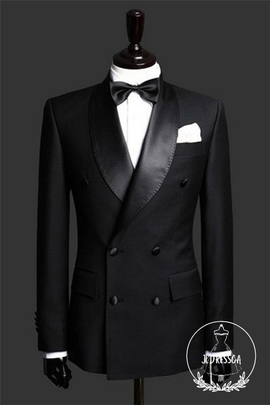 Black Double Breast Wedding Suits Tuxedos Satin Lapel Two-pieces(Jacket pants) for wedding/prom, SU25025