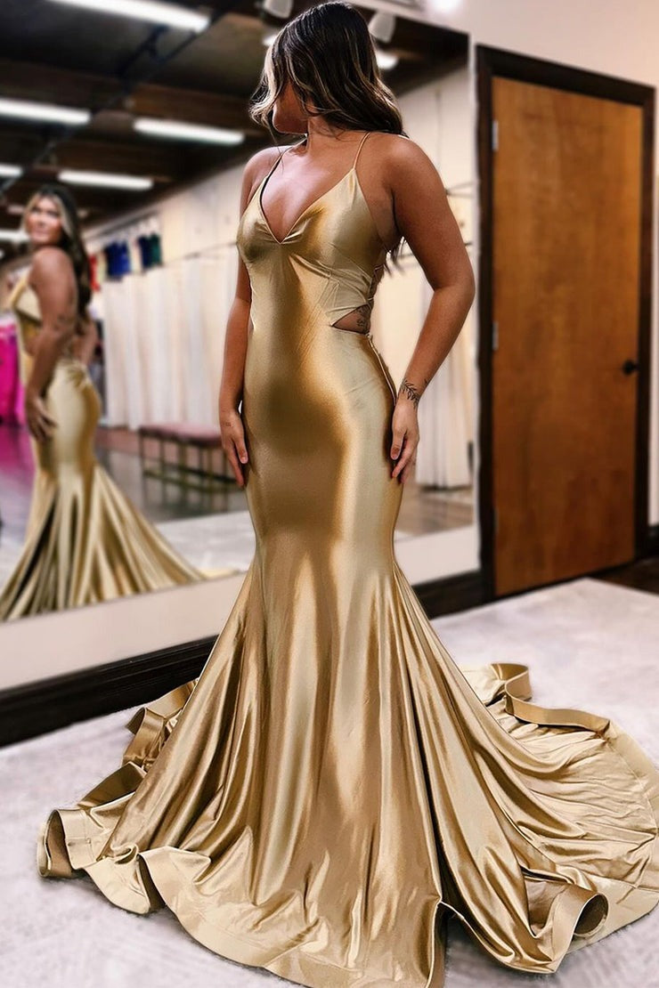 Gold Mermaid Long Prom Dress | Elegant V-Neck & Cutout Detail | JLDressCA Gold Mermaid Long Prom Dress | Elegant V-Neck & Cutout Detail | JLDressCA