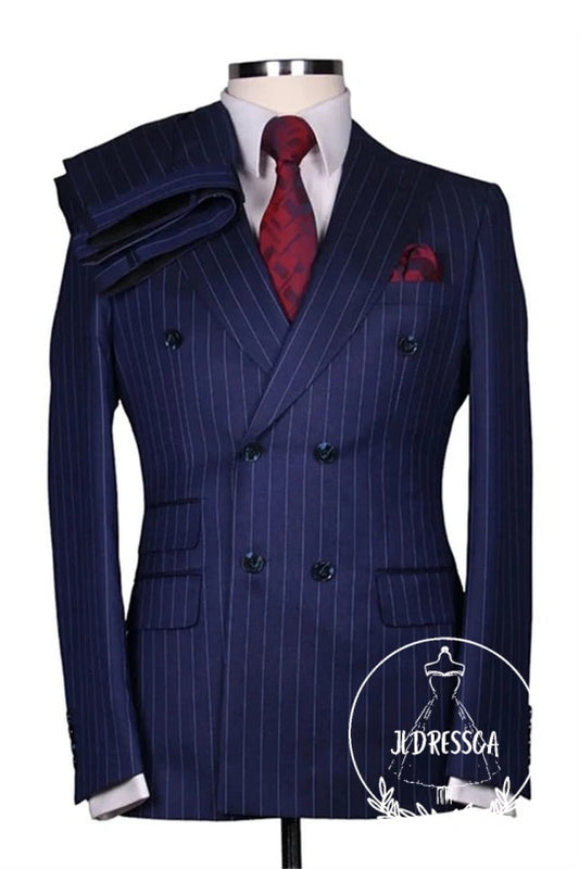 Dark Blue Double Breasted Striped Peaked Lapel Men Suits, SU25198