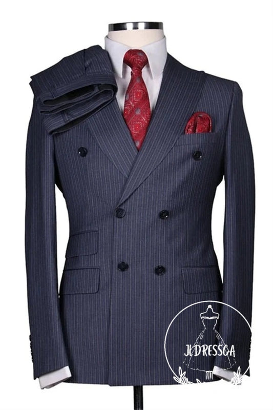 Dark Gray Striped Double Breasted Men Suits, SU25188