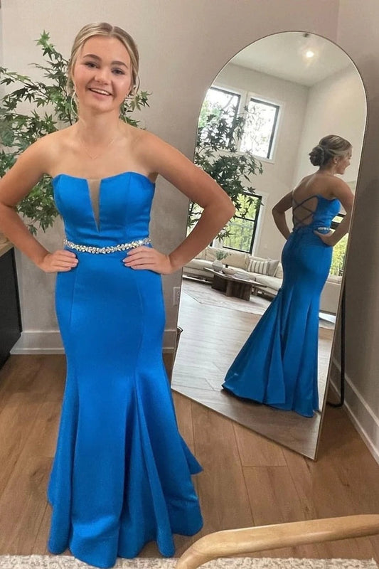 Cobalt Blue Strapless Trumpet Belted Long Prom Dress, PD25653