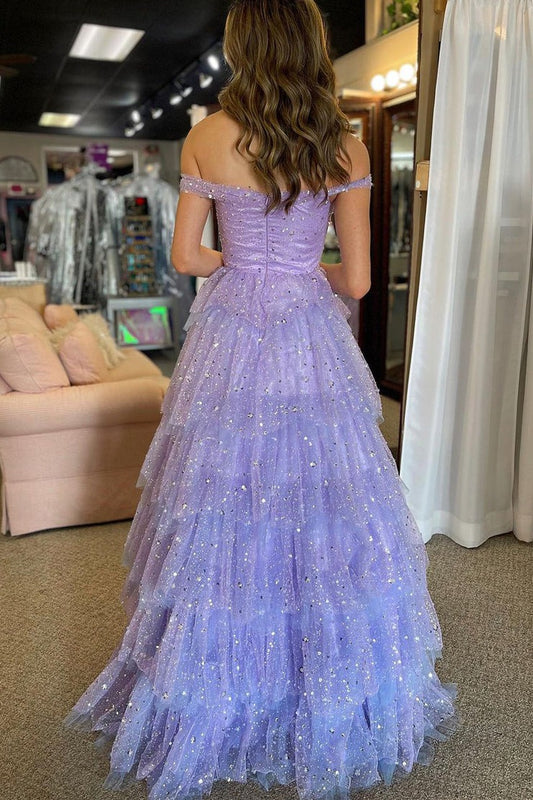 Lavender Tulle Off the Shoulder Ruffle Tiered Long Prom Dress, PD25433