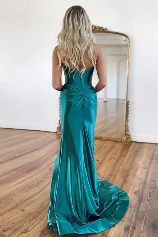 Sweetheart Mermaid Green Corset Prom Dress with Split, PD25171