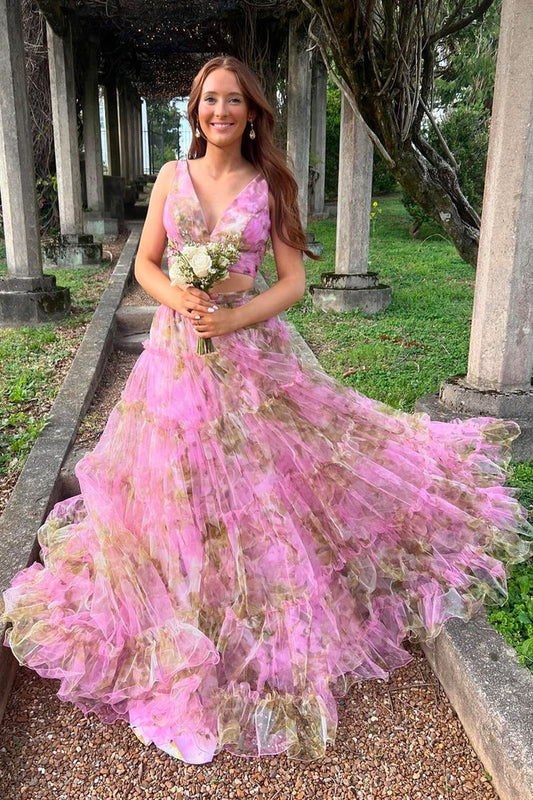 Two Piece V Neck Floral Printed Long Prom Dress, PD25169