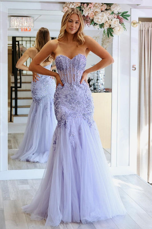 Lavender Mermaid Sweetheart Tulle Long Prom Dresses with Appliques, PD25593