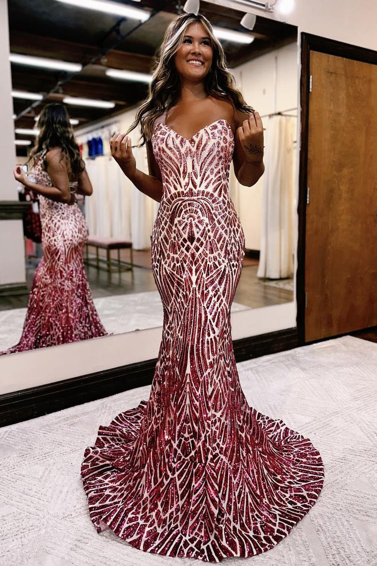 Strapless Mermaid Burgundy Sequins Long Prom Dress | JLDressCA Strapless Mermaid Burgundy Sequins Long Prom Dress | JLDressCA