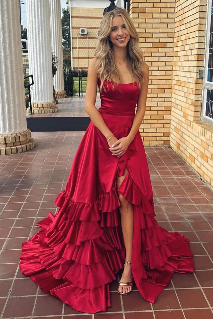 Scoop Neck A-Line Dark Red Satin Prom Dress | Elegant Fashion | JLDressCA Scoop Neck A-Line Dark Red Satin Prom Dress | Elegant Fashion | JLDressCA